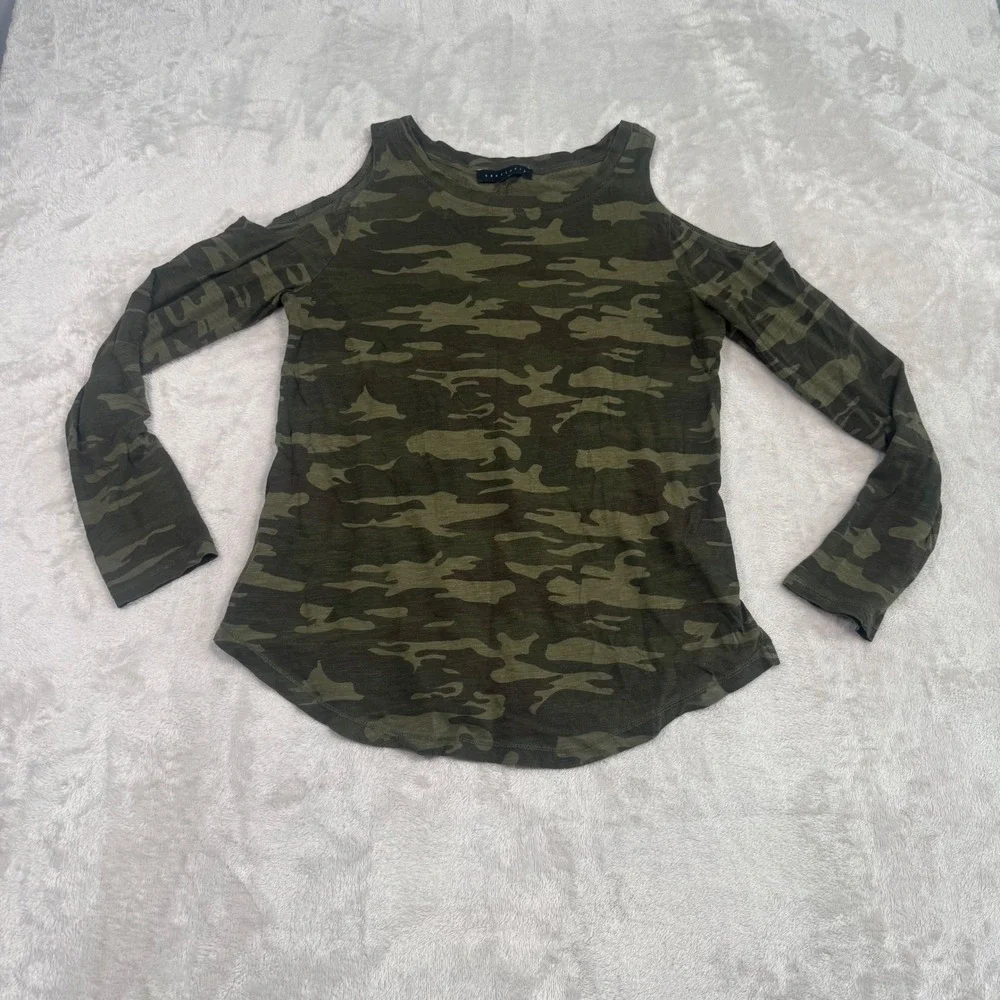Sanctuary Women Camo Cold Shoulder Long Sleeve T Shirt Top Size XS_2